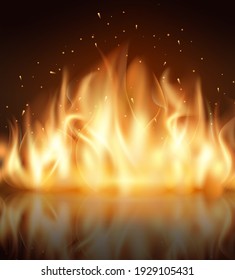 Realistic colorful image line bon fire flame with horizontal reflection smoke and sparks on black background vector illustration.