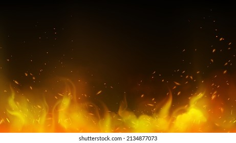 Realistic Colorful Image Line Bon Fire Flame With Horizontal Reflection Smoke And Sparks On Black Background Vector Illustration