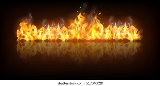 Realistic colorful image line bon fire flame with horizontal reflection smoke and sparks on black background vector illustration