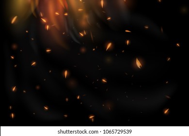 Realistic colorful image lines of fire fire fire with horizontal reflection of smoke and sparks on a black background. Abstract fire background