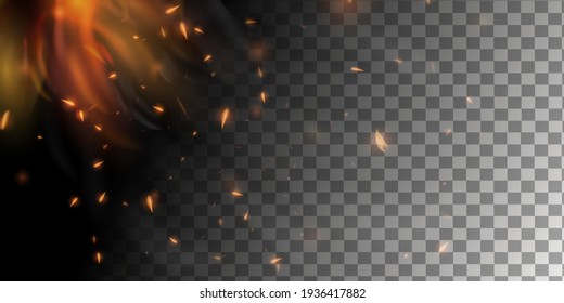 Realistic colorful image lines of fire fire fire with horizontal reflection of smoke and sparks on a black background. Abstract fire background