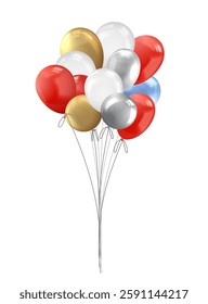 Realistic colorful inflated balloons bunch vector icon. Glossy helium balloon on ribbon for festive events. Celebration 3d design element. Holiday party, birthday and anniversary air decoration