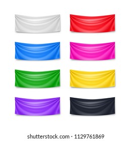 Realistic colorful isolated banners set. Blank flags templates on white background. Mockup fabric horisontal banners for advertising or announcement. Horizontal branding object vector illustration