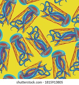 Realistic colorful jellyfish seamless pattern template. Bright cartoon fish vector illustration on yellow background for games, pattern, decor. Print for fabrics, textile and other surfaces.