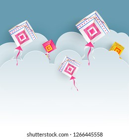 Realistic colorful kites flying on blue cloudy background in paper cut style. Can be used as greeting card design.