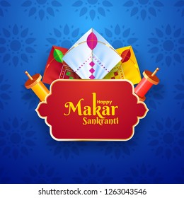 Realistic colorful kites and string spool decorated on blue floral background for Makar Sankranti festival celebration.