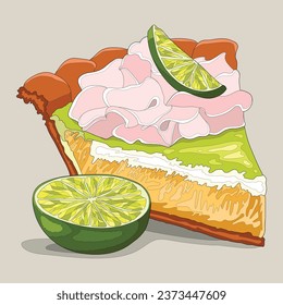 Realistic colorful lemon lime pie slice with cream template. Bright cartoon cake, food vector illustration for games, background, pattern, decor. Coloring paper, page, story book, print