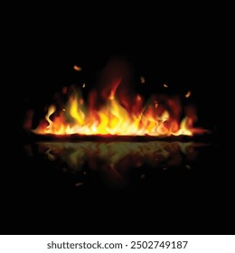 Realistic colorful line bon fire flame with horizontal reflection. Translucent fire flames and sparks and sparks on black background . Bright burning blaze border vector illustration