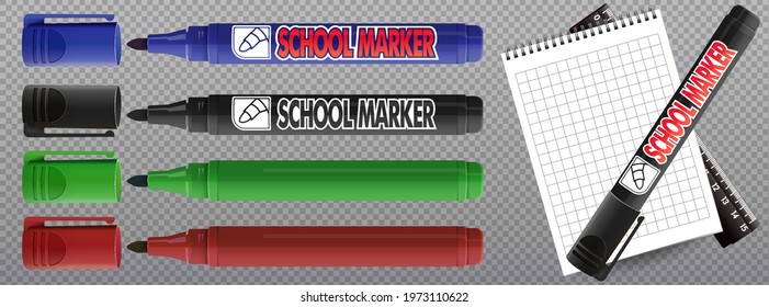 Realistic Colorful Markers. vector realistic illustration. Children and artist pencils 3D isolated cliparts pack. Kids vivid painting tools, various color palette. Office highlighters design elements