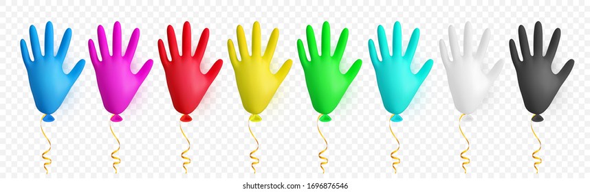 Realistic colorful medical latex glove balloon. Shine helium balloon made from medical latex glove. Vector illustration.