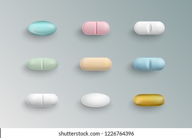 Realistic colorful medical pills, tablets, capsules isolated on  background. 3d pills pharmaceutical vector illustration.