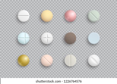 Realistic colorful medical pills, tablets, capsules isolated on  transparent background. 3d pills pharmaceutical vector illustration.