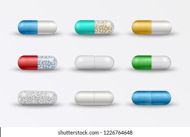 Realistic colorful medical pills, tablets, capsules isolated on white background. 3d pills pharmaceutical vector illustration.