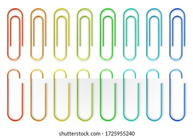 Realistic colorful metal paper clips isolated on white background. Page holder, binder. Vector illustration.