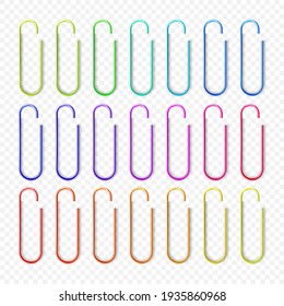 Realistic colorful metal paper clips on checkered background. Page holder, binder. Vector illustration.