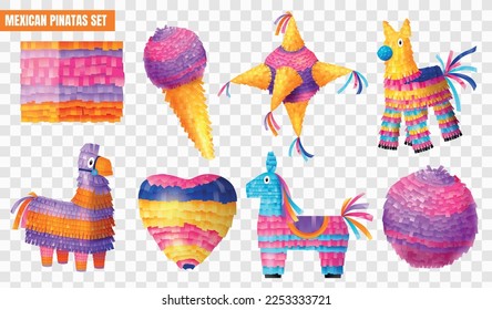 Realistic colorful mexican pinatas icons set on transparent background isolated vector illustration