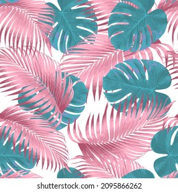 Realistic colorful monstera and palm leaves on white background pattern. Modern bright background for your design. Illustration for birthday, party card, invitation, fashion. 