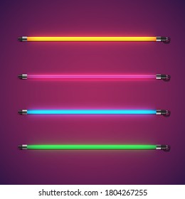 Realistic colorful neon tube set, vector illustration