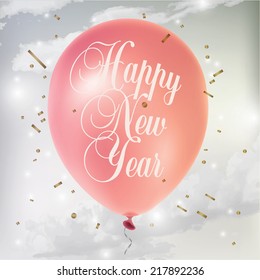 Realistic colorful New Year's poster with balloon and Confetti in the sky