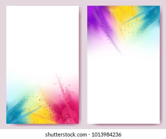 Realistic colorful paint powder explosions on white background. Happy holi abstract designs. Vector illustration