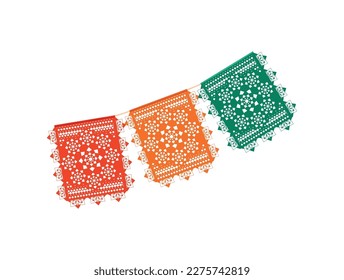 Realistic colorful papel picado ornamental holiday paper flags vector illustration