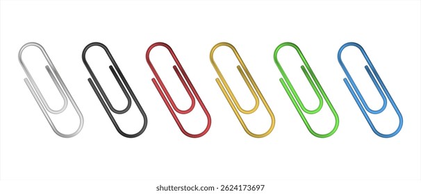 Realistic colorful paper clip set. Shiny metal paper clip. Office supplies. Vector illustration isolated on white 