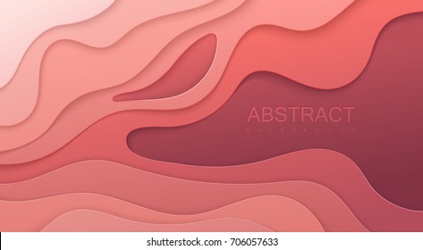 Realistic colorful paper cut background. Abstract soft pink paper poster textured with wavy layers. Topography relief imitation. Carving craft. Vector art illustration. Cover layout design template.