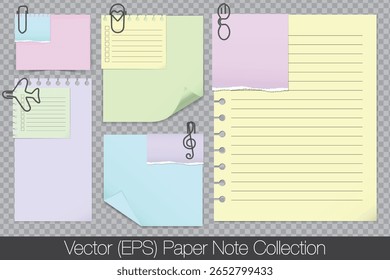Conjunto de maquete de papel colorido realista com bordas enroladas e dobradas e notas de papel colorido rasgado em branco anexado ao papel por clipes de papel preto. Modelos de vetor isolados no plano de fundo transparente