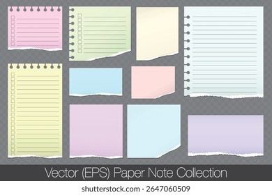 Realistic colorful paper notes with torn edges, ripped white notes with empty fields, paper scraps with torn edges isolated on transparent background, vector (EPS) illustration