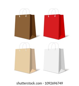 Realistic colorful paper shopping bag set isolated on white background vector illustration. Multicolored empty shopping bag for advertising and branding. Template collection for retail design.