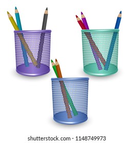 Realistic colorful pencils office and stationery in the basket on white background, vector illustration