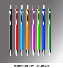 Realistic Colorful Pens Isolated on Silver Background. 3D Vector Illustration