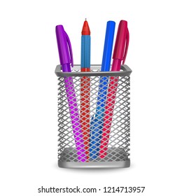 Realistic colorful pens, office and stationery in the basket on white background, vector illustration