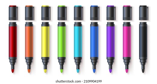 Realistic colorful permanent markers, drawing pen palette. Stationery highlighters. Children and artist painting tools colors 3d vector set. Bright pens for underlining and highlighting text