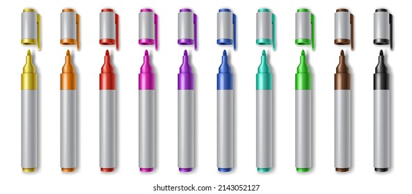 Realistic colorful permanent markers with open caps, drawing pen palette. Stationery highlighters set. Children and artist painting tools colors 3d collection. Vector illustration