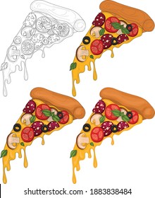Realistic colorful pizza slice with tomato, mushroom and olives sketh template set. Bright cartoon vector illsutartion in color and black and white for game, pattern, decor. Coloring paper, page, book