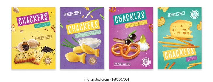 Realistic Colorful Posters With Salty Crackers With Different Flavours Isolated Vector Illustration