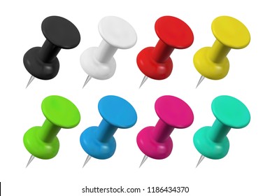 Realistic colorful push pins collection. Isolated vector illustration.