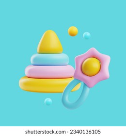 Realistic colorful pyramid and rattle baby toys 3D style, vector illustration isolated on blue background. Sound soothing toy, folding rings, leisure and education