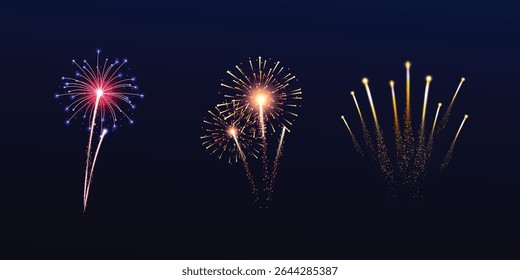 Realista colorido pirotecnia fogos de artifício explosões em um fundo preto escuro, ideal para celebrações, Ano Novo, Dia da Independência, ou ilustrações festivas