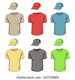 Realistic colorful  red, blue, green, yellow, gray t-shirts and baseball caps.