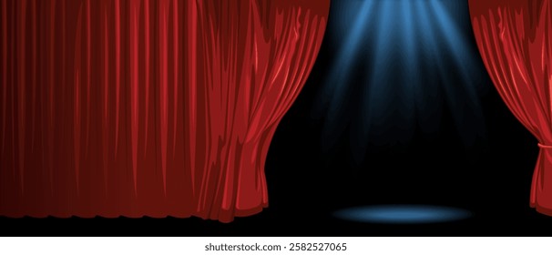 Realistic colorful red velvet curtain folded. Theater, cinema curtain option. Vector illustration.