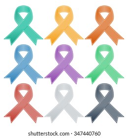Realistic colorful ribbon, breast cancer awareness symbol, isolated on white. Vector illustration, eps10.