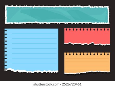 Realistic colorful ripped paper scraps strips with torn edges isolated set. Vector flat cartoon graphic illustration