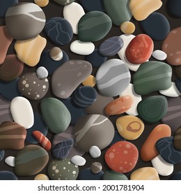 Realistic colorful sea pebbles seamless pattern.  Collection of vector volumetric illustrations, isolated.