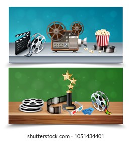 Realistic colorful set of two horizontal cinema banners with trophy reels clapboard camcorder popcorn bucket tickets isolated vector illustration
