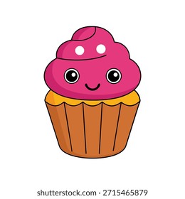 Realistic colorido simples vetor estilo plano Clipart de um cupcake sorrindo, vetor branco fundo