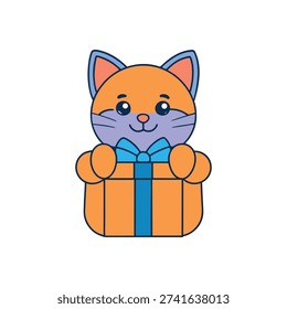 Realistic colorful simple flat style vector Clipart of a gift box with baby cat clapping hands white background