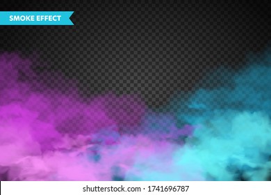 Realistic colorful smoke clouds, mist effect. Fog isolated on transparent background. Vapor in air, steam flow. Vector illustration