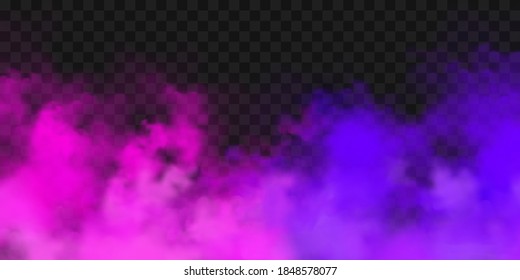 Realistic colorful smoke clouds, mist effect. Fog isolated on transparent background. Vapor in air, steam flow. Vector illustration.